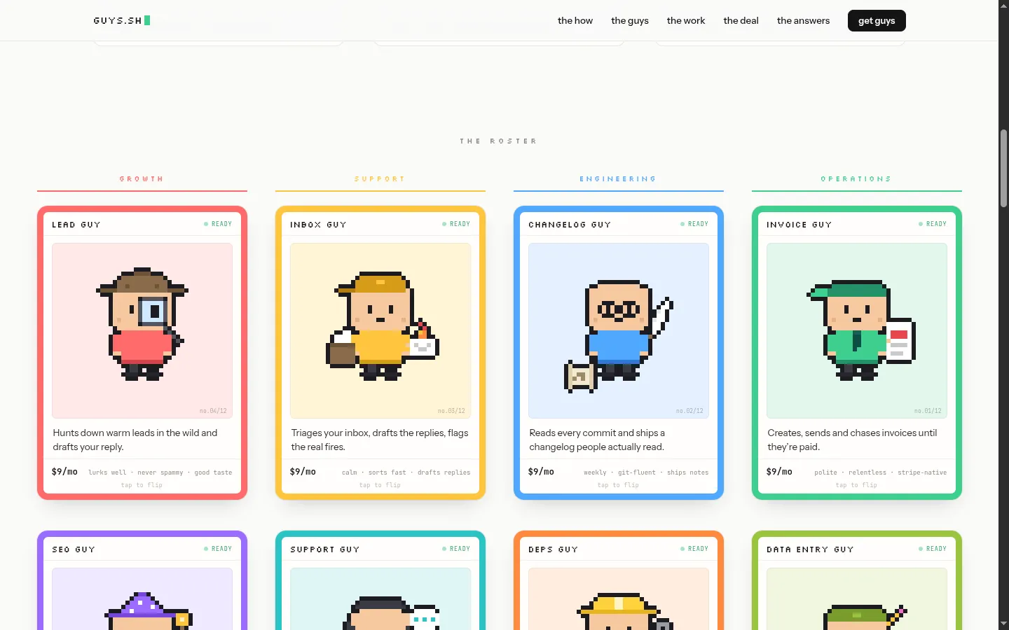 guys.sh roster grid: pixel-art trading cards for twelve agents grouped into growth, support, engineering, and operations columns, each showing status, price, and traits.