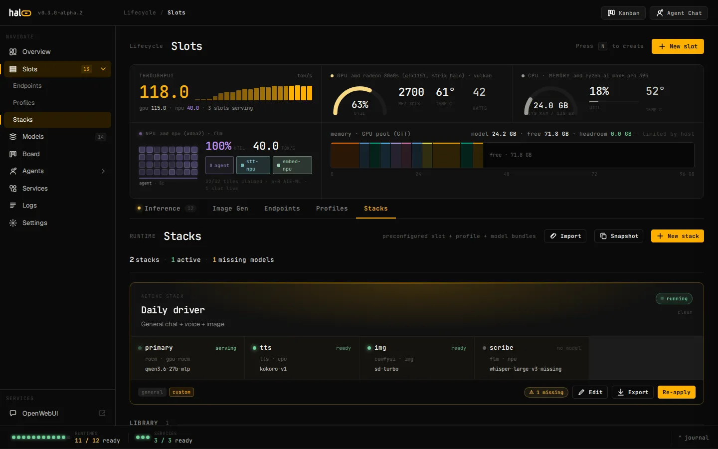 hal0 stacks tab showing a declarative bundle of slot, profile, and model selections.