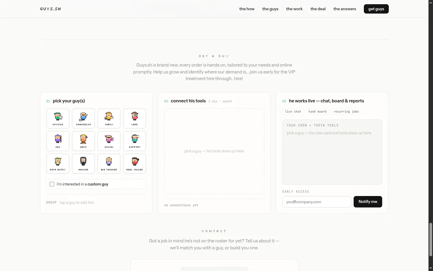 guys.sh Get a Guy early-access wizard for picking agents, tools, and a contact method.
